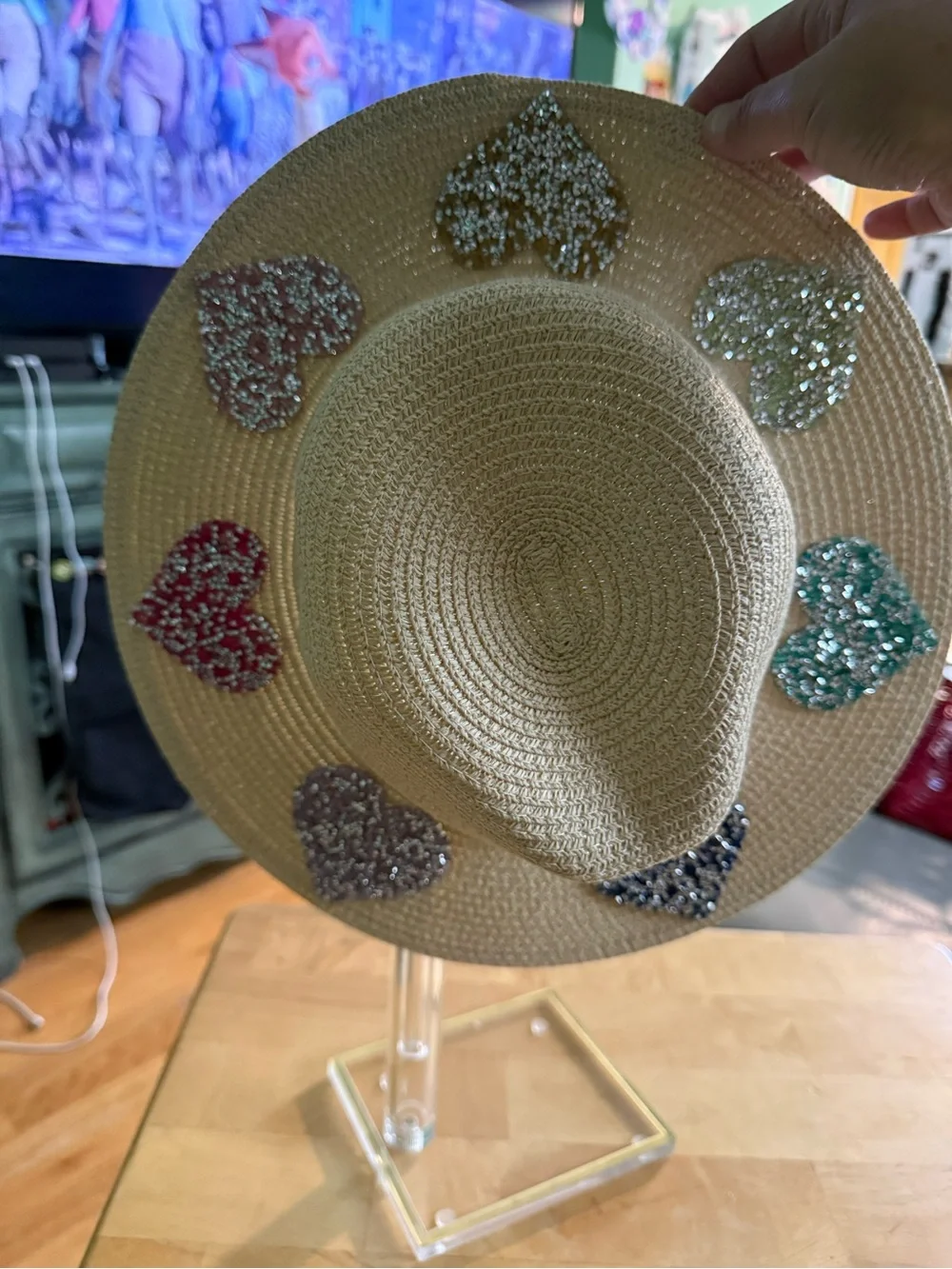 Beige Straw Sun Hat with Sparkle Heart Appliqués, from Bitsandpieces to go